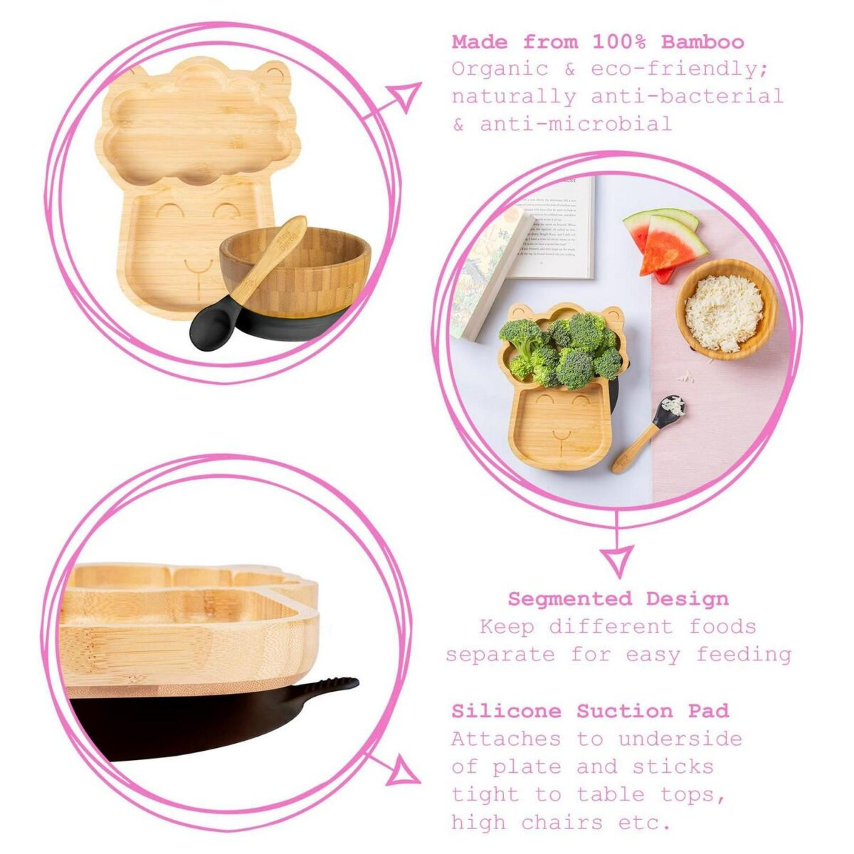 4pc Tiny Dining Pastel Pink Llama Bamboo Baby Feeding Set Plate Bowl Spoon Cup - Image 2