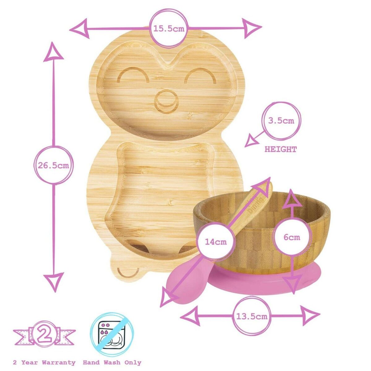 4pc Tiny Dining Pink Penguin Bamboo Baby Feeding Set Kids Plate Bowl Spoon Cup - Image 3