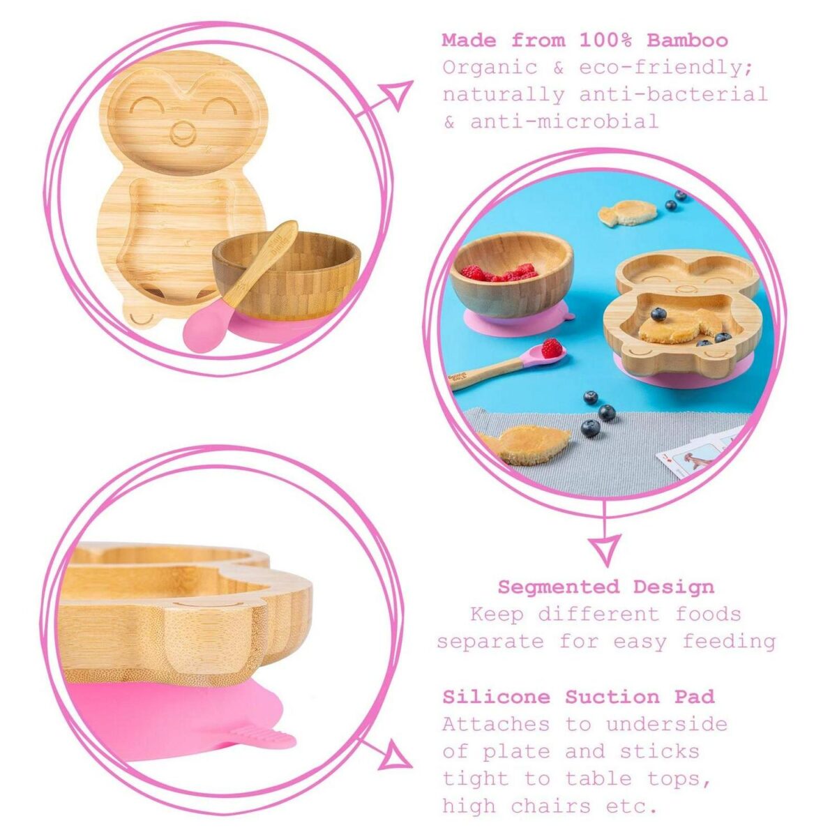 4pc Tiny Dining Pink Penguin Bamboo Baby Feeding Set Kids Plate Bowl Spoon Cup - Image 2