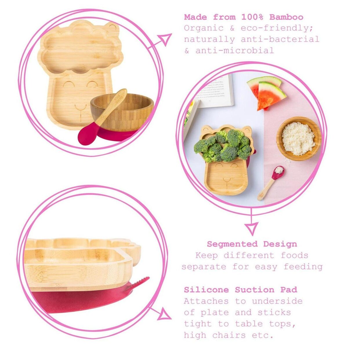 4pc Tiny Dining Red Llama Bamboo Baby Feeding Set Kids Plate Bowl Spoon Cup - Image 2