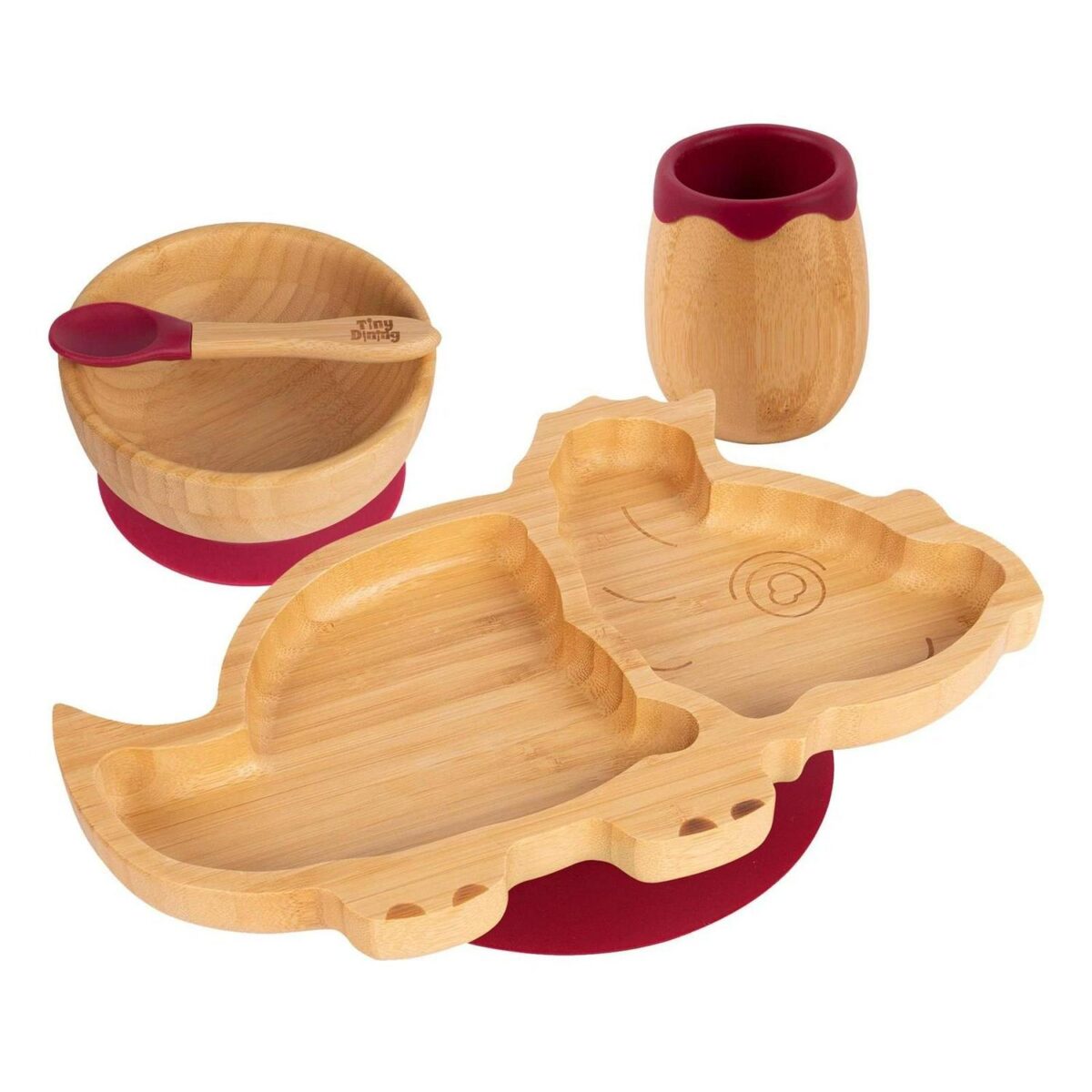 4pc Tiny Dining Red Dinosaur Bamboo Baby Feeding Set Kids Plate Bowl Spoon Cup - Image 1