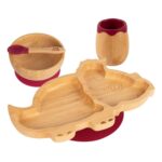4pc Tiny Dining Red Dinosaur Bamboo Baby Feeding Set Kids Plate Bowl Spoon Cup
