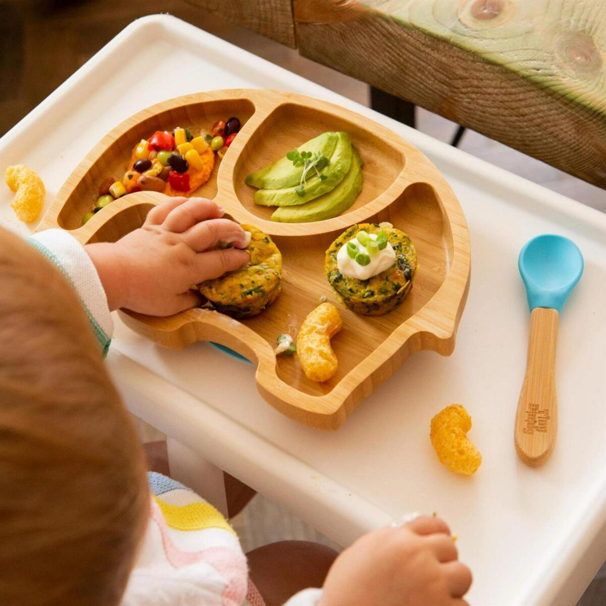 4pc Tiny Dining White Elephant Bamboo Baby Feeding Set Kids Plate Bowl Spoon Cup - Image 6