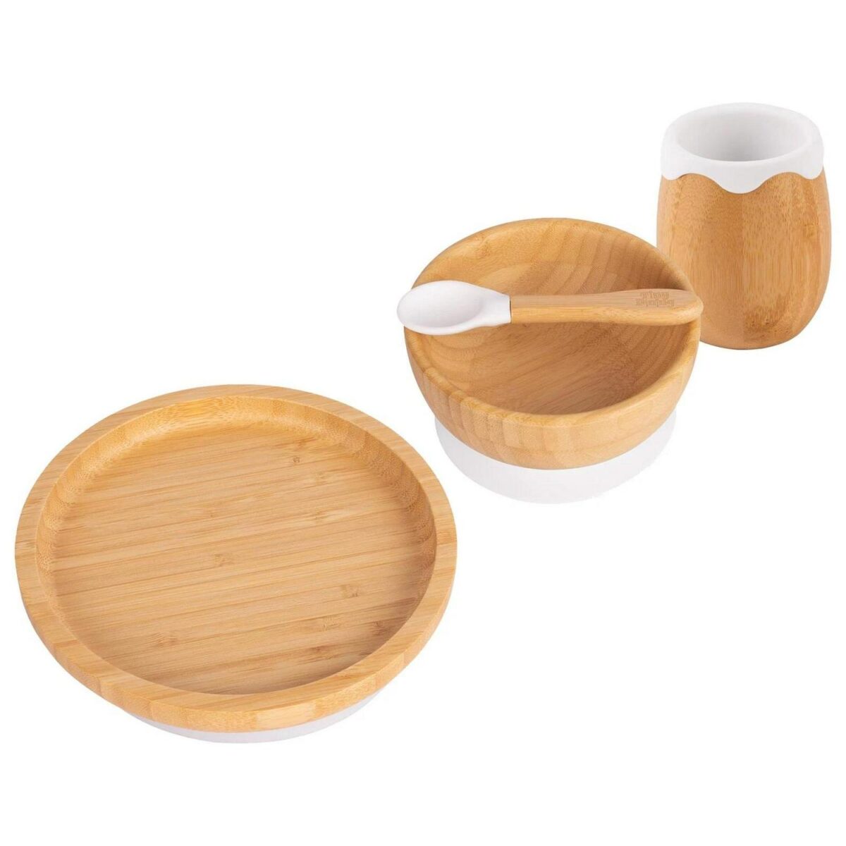 4pc Tiny Dining White Round Bamboo Baby Feeding Set Kids Plate Bowl Spoon Cup - Image 1