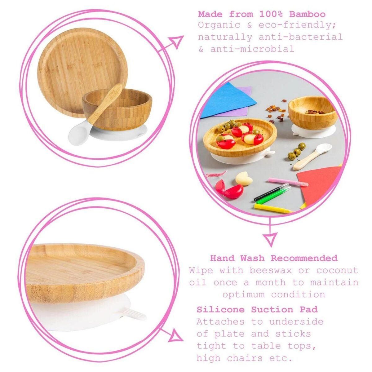 4pc Tiny Dining White Round Bamboo Baby Feeding Set Kids Plate Bowl Spoon Cup - Image 2