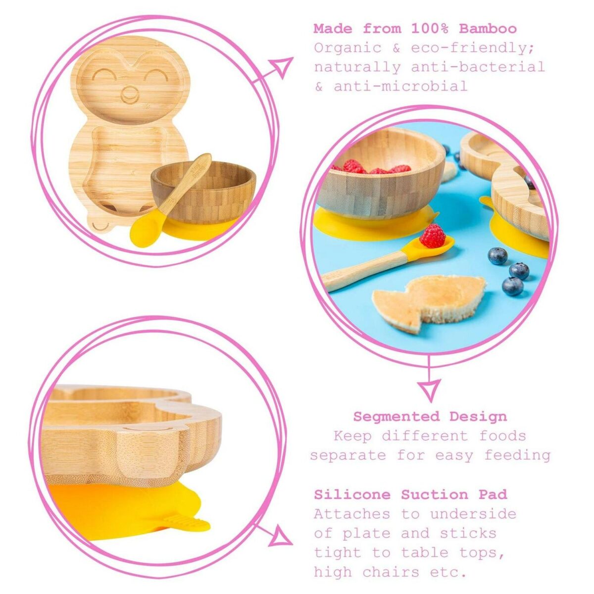 4pc Tiny Dining Yellow Penguin Bamboo Baby Feeding Set Kids Plate Bowl Spoon Cup - Image 2
