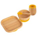 4pc Tiny Dining Yellow Square Bamboo Baby Feeding Set Kids Plate Bowl Spoon Cup