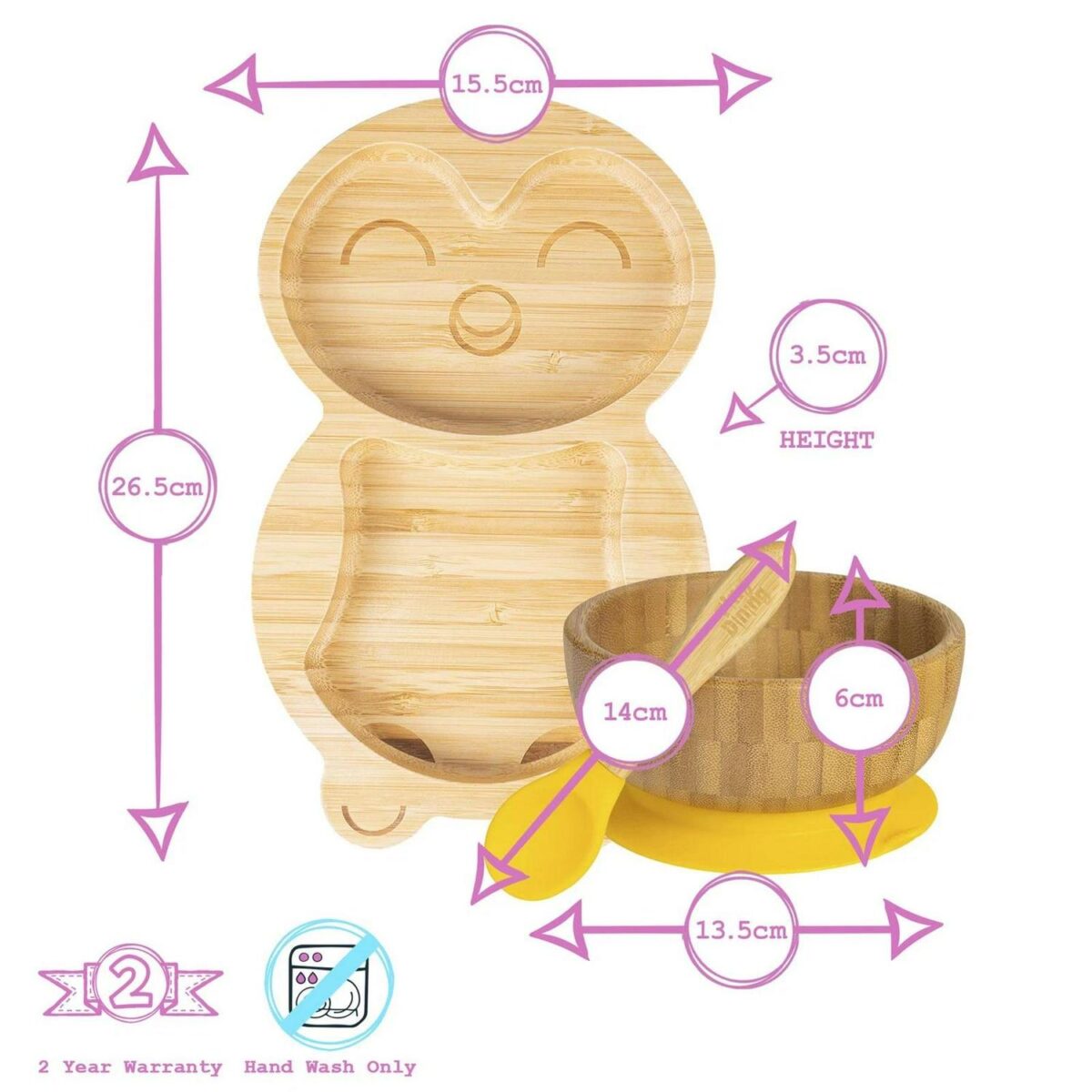 4pc Tiny Dining Yellow Penguin Bamboo Baby Feeding Set Kids Plate Bowl Spoon Cup - Image 3