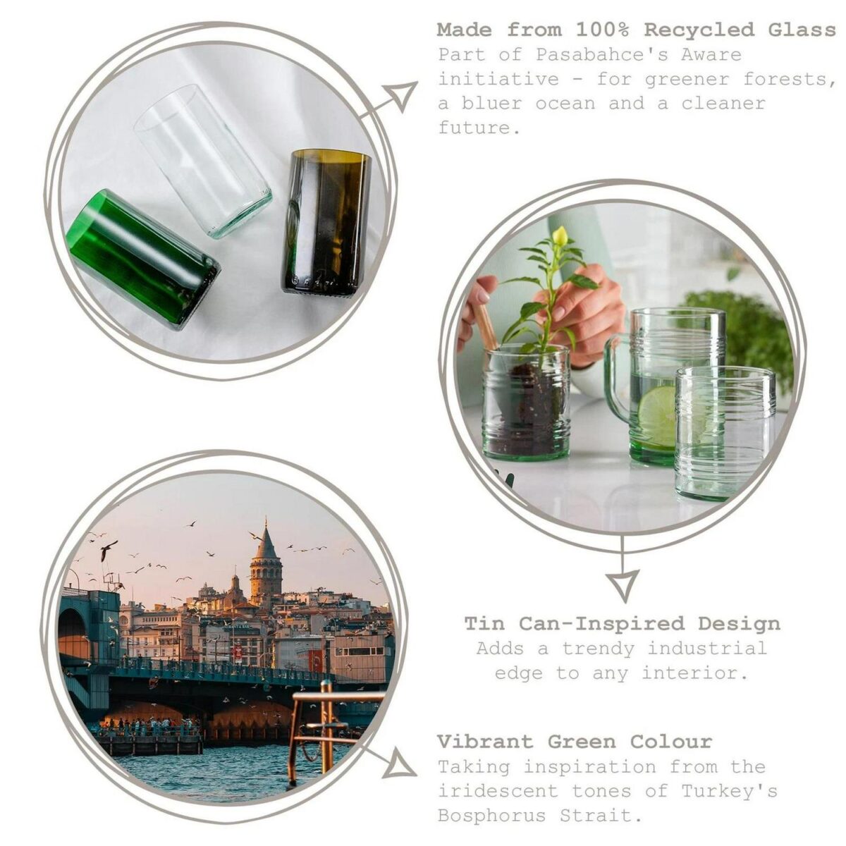 4x 280ml Aware Tincan Recycled Glass Tumblers Green Drinking Glasses Set - Image 2