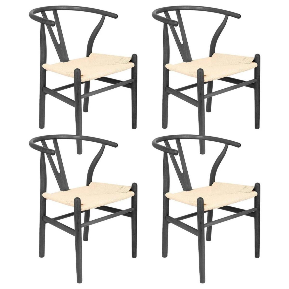 4x Beech Wooden Wishbone Dining Chairs Black/Natural Mid-Century Modern Seat - Image 1