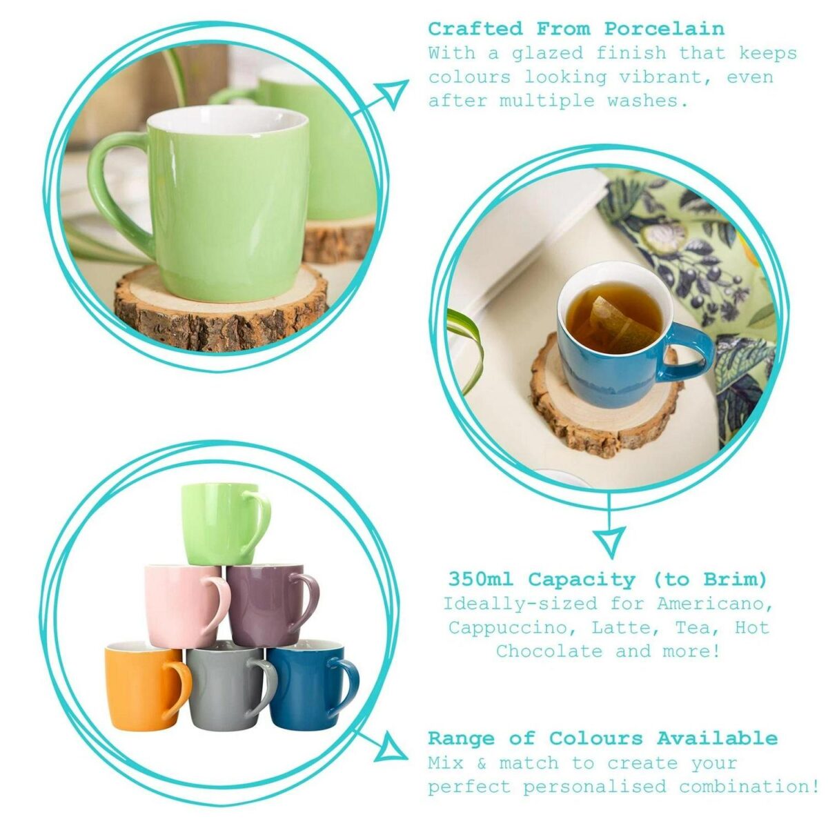 4x Coloured Coffee Mugs Ceramic Stoneware Tea Latte Cappuccino Cups 350ml Green - Image 2