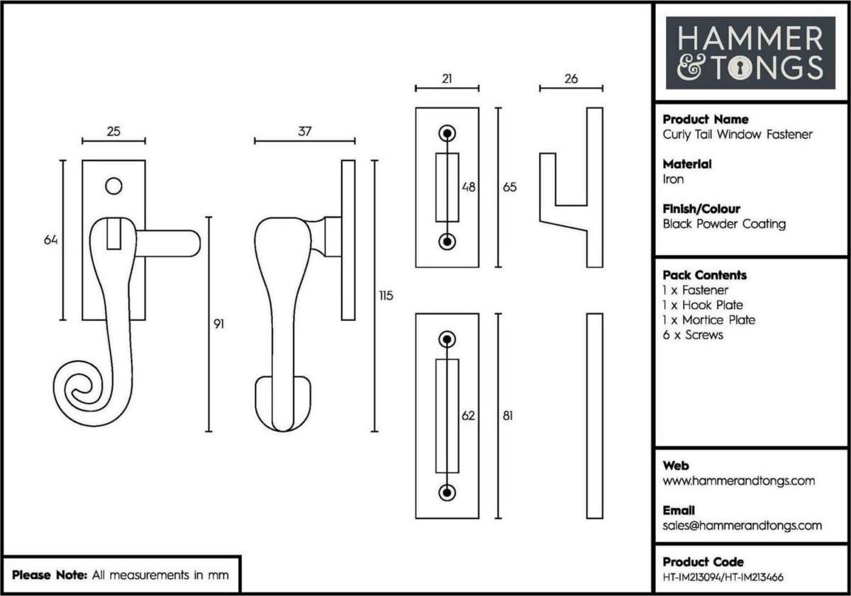 4x Curly Tail Window Fastener - Right Handed Cast Iron W46mm x H108mm Black - Image 5
