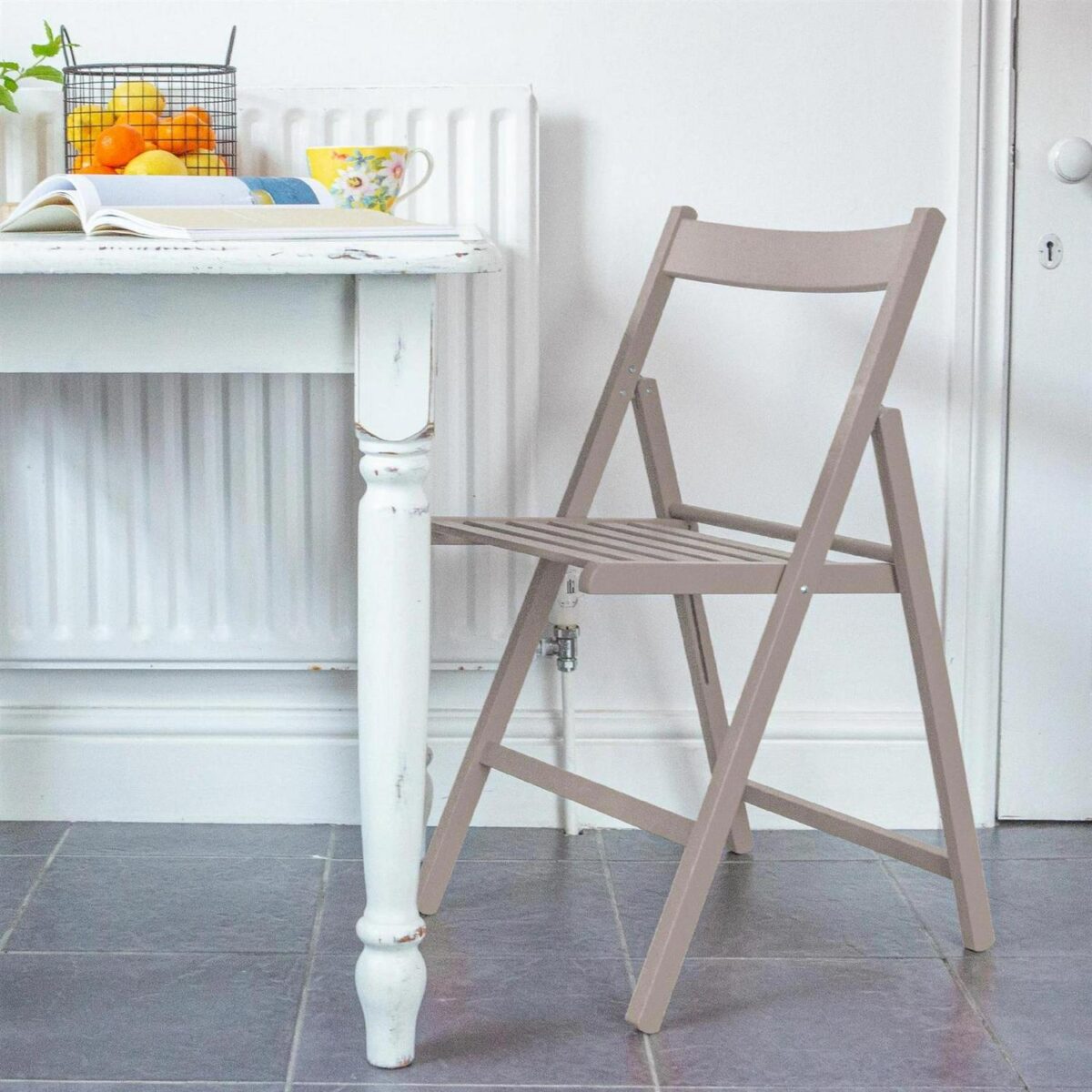 4x Dove Grey Wooden Folding Chairs Foldable Space Saving Slatted Office Seat - Image 4