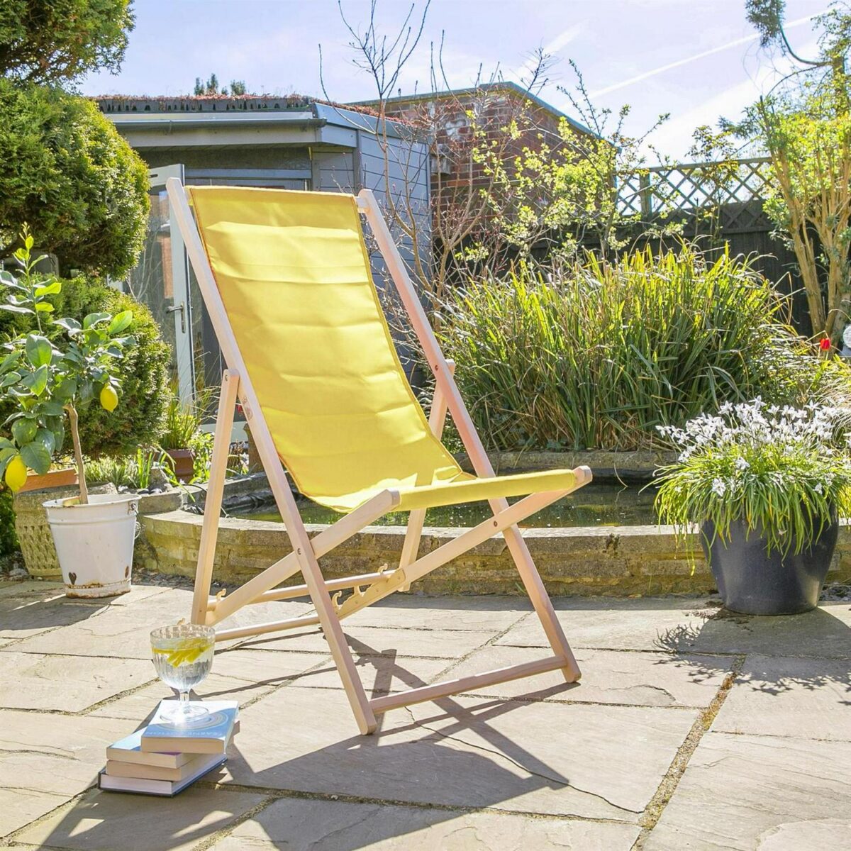 4x Folding Wooden Deck Chairs Adjustable Reclining Canvas Beach Lounger Yellow - Image 5