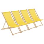4x Folding Wooden Deck Chairs Adjustable Reclining Canvas Beach Lounger Yellow