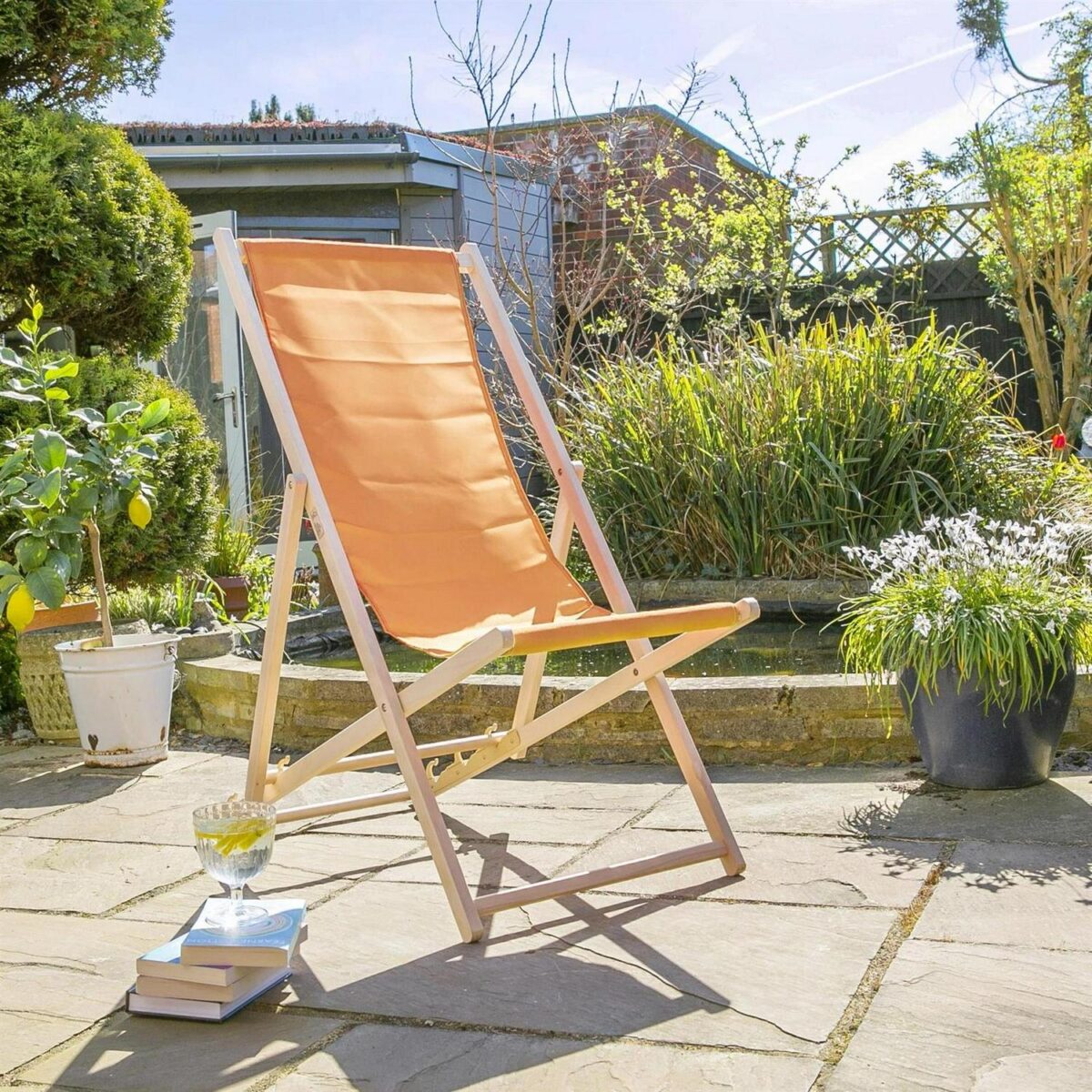 4x Folding Wooden Deck Chairs Adjustable Reclining Canvas Beach Lounger Orange - Image 5