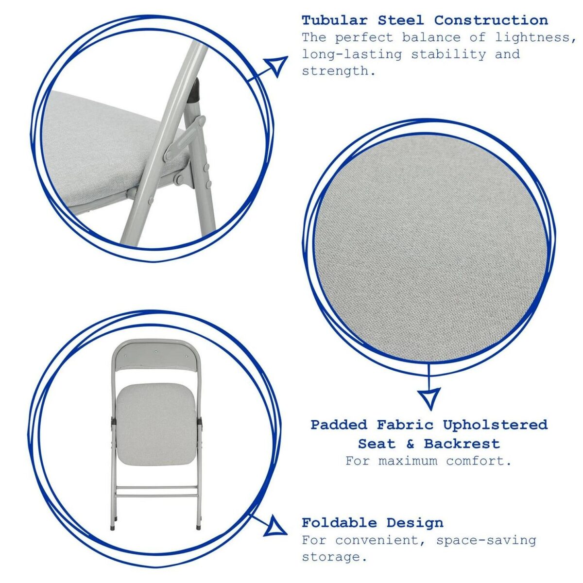 4x Grey Fabric Padded Metal Folding Chairs Foldable Office Dining Chair - Image 2