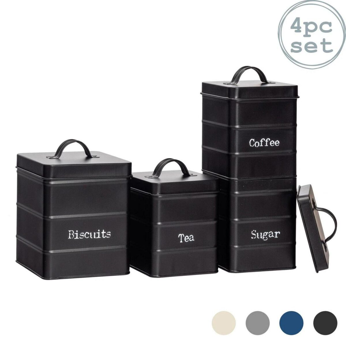 4x Kitchen Storage Canisters Set Tea Coffee Sugar Biscuit Vintage Metal Black - Image 1