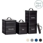 4x Kitchen Storage Canisters Set Tea Coffee Sugar Biscuit Vintage Metal Black