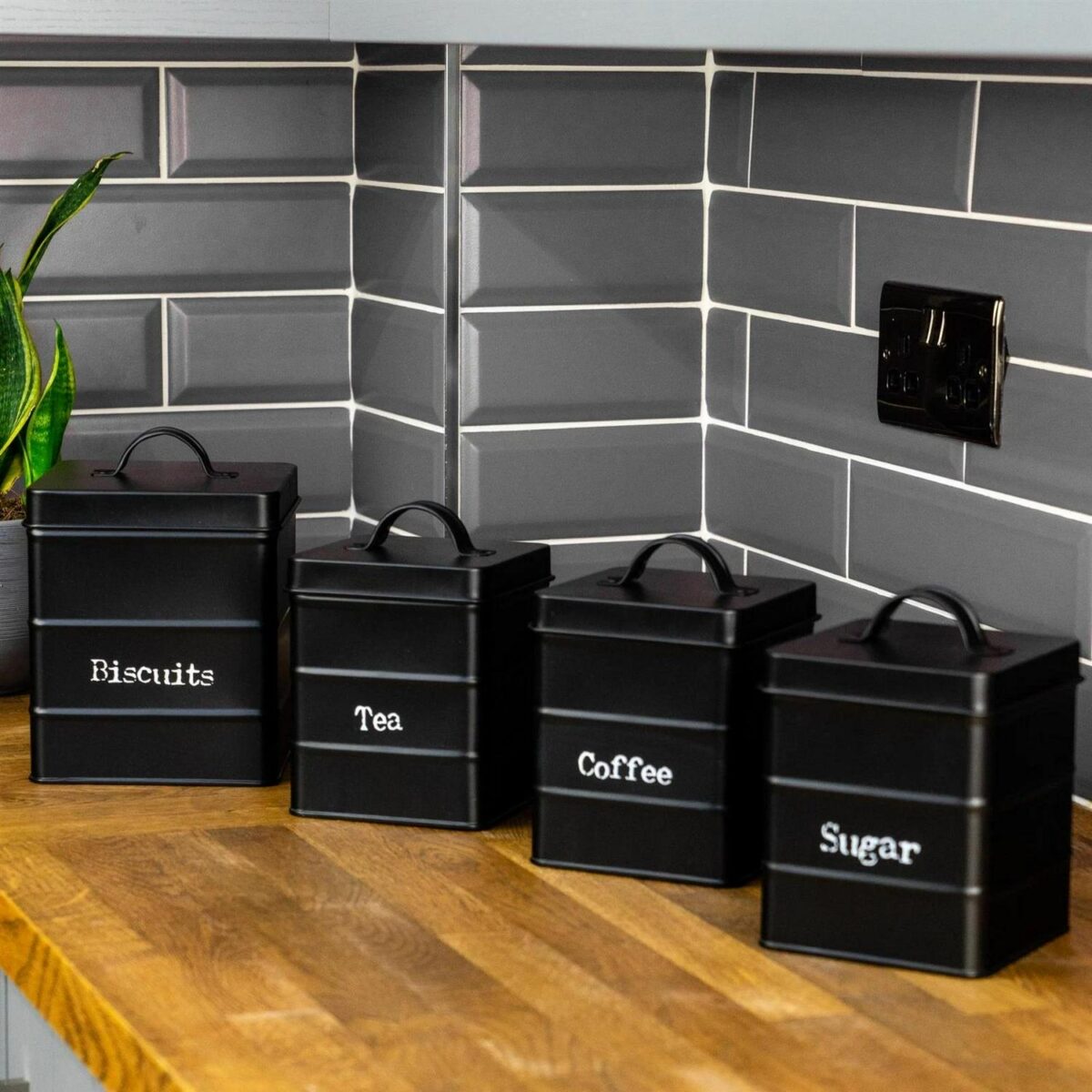 4x Kitchen Storage Canisters Set Tea Coffee Sugar Biscuit Vintage Metal Black - Image 6