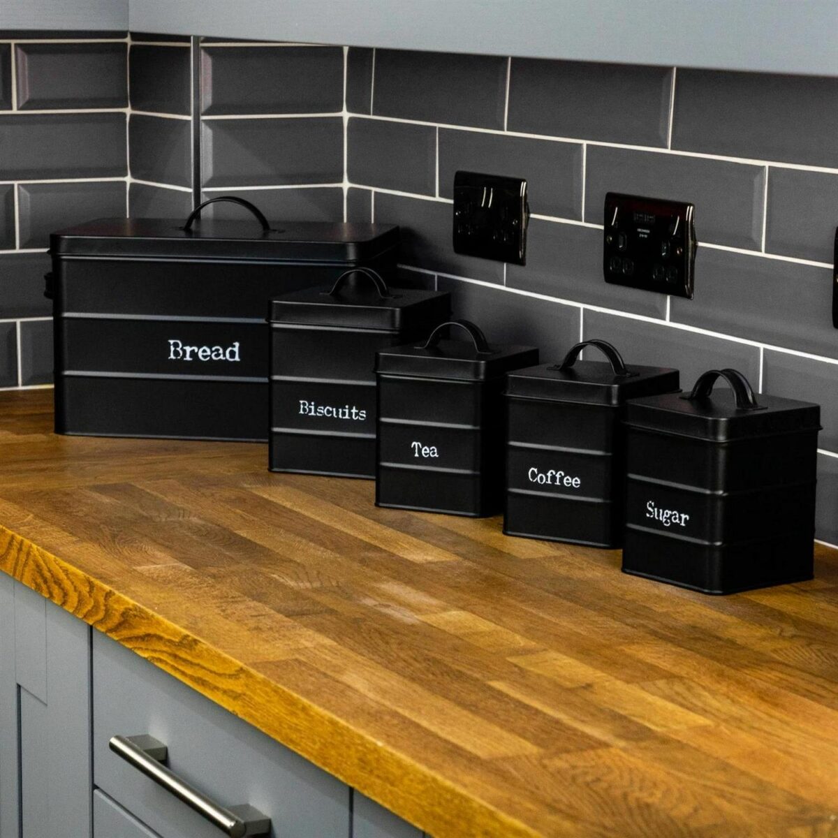 4x Kitchen Storage Canisters Set Tea Coffee Sugar Biscuit Vintage Metal Black - Image 7