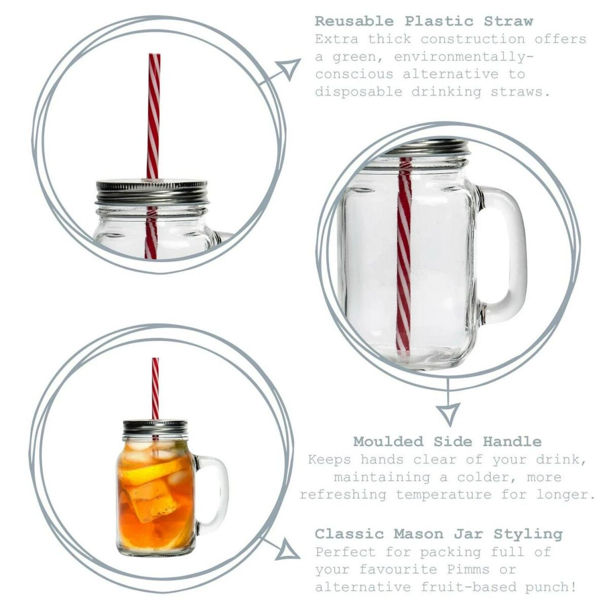 4x Mason Drinking Jar Glasses with Straws Retro Cocktail Serving Jug 450ml - Image 2