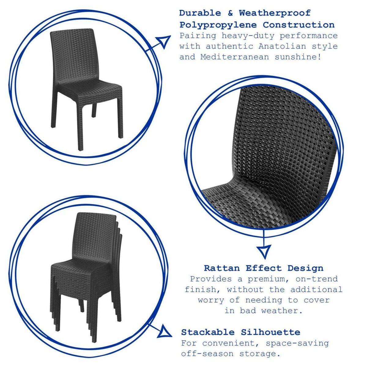 4x Nilufer Rattan Effect Garden Dining Chairs Anthracite Outdoor Patio Chair Set - Image 2