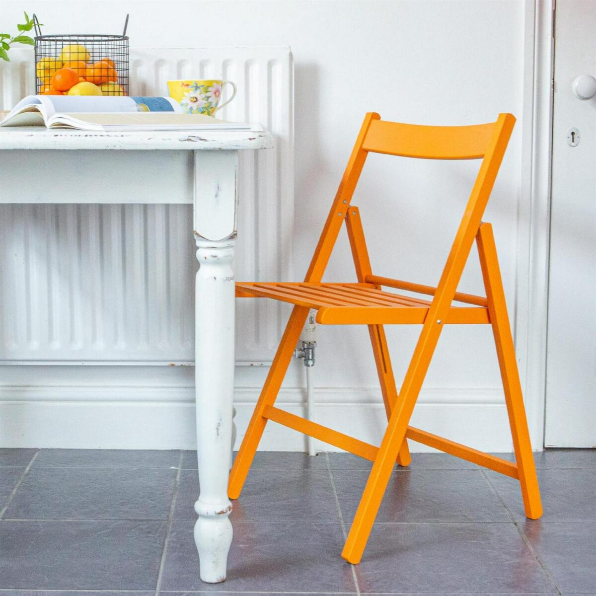 4x Orange Wooden Folding Chairs Foldable Space Saving Slatted Office Dining Seat - Image 4