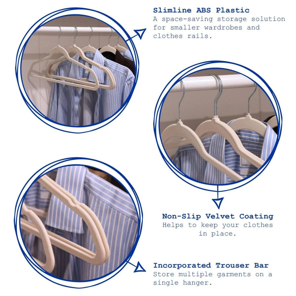 50x Non-Slip Velvet Hangers 45cm Blue Suit Shirts Trouser Bar Clothes Hanger - Image 2