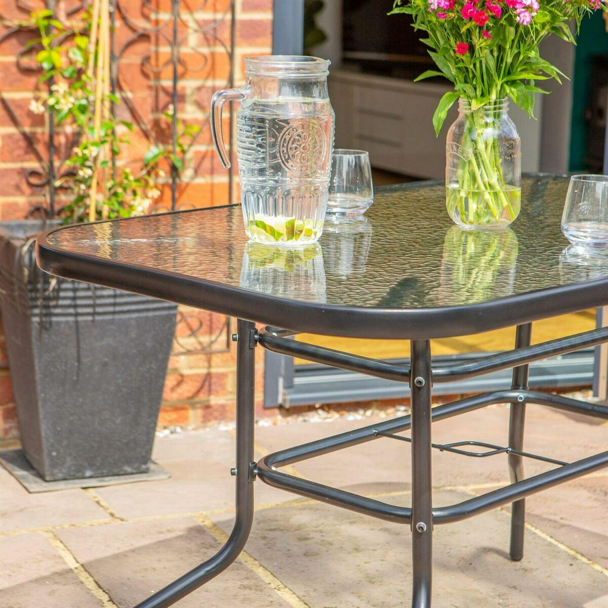 5pc Garden Furniture Set Glass Top Outdoor Bistro Table Chair 120x70cm Black - Image 7