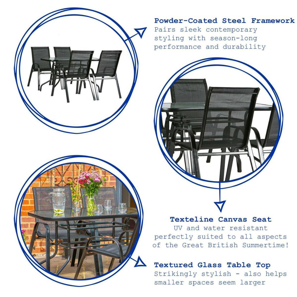 5pc Garden Furniture Set Glass Top Outdoor Bistro Table Chair 120x70cm Black - Image 2