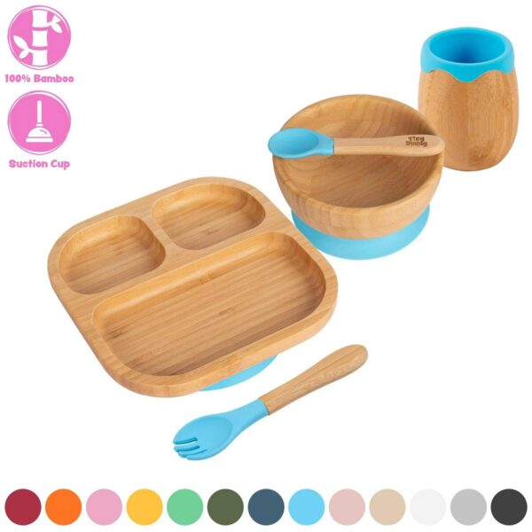 5pc Tiny Dining Bamboo Segmented Baby Weaning Set Feeding Suction Plate