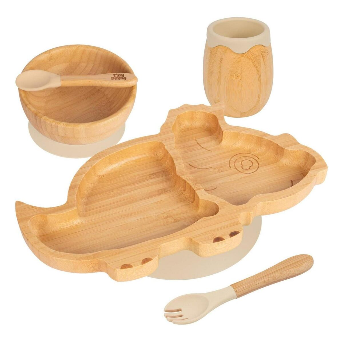 5pc Tiny Dining Beige Bamboo Dinosaur Baby Weaning Set Feeding Suction Plate - Image 1