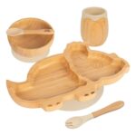 5pc Tiny Dining Beige Bamboo Dinosaur Baby Weaning Set Feeding Suction Plate