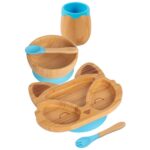 5pc Tiny Dining Blue Bamboo Fox Baby Weaning Set Feeding Suction Plate