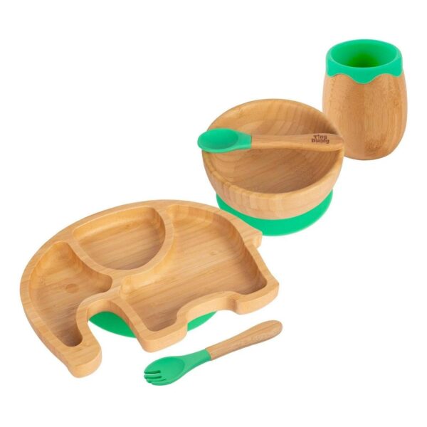 5pc Tiny Dining Green Bamboo Elephant Baby Weaning Set Feeding Suction Plate