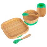 5pc Tiny Dining Green Bamboo Square Baby Weaning Set Feeding Suction Plate