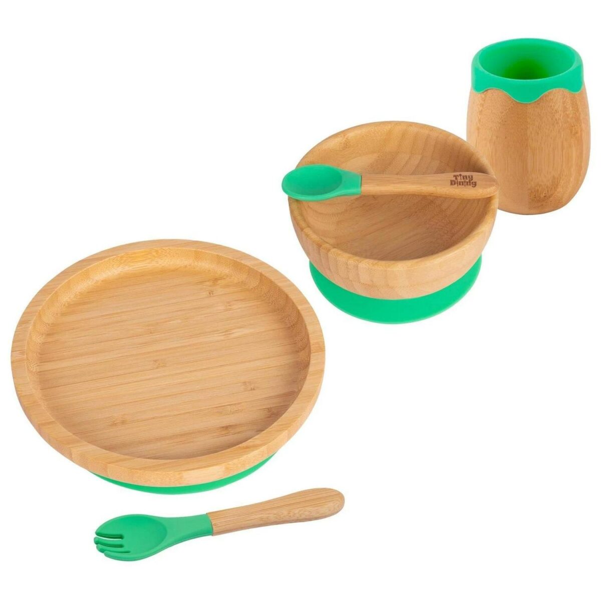 5pc Tiny Dining Green Bamboo Round Baby Weaning Set Feeding Suction Plate - Image 1