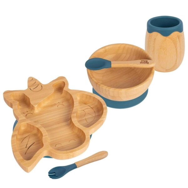 5pc Tiny Dining Navy Blue Bamboo Unicorn Baby Weaning Set Feeding Suction Plate
