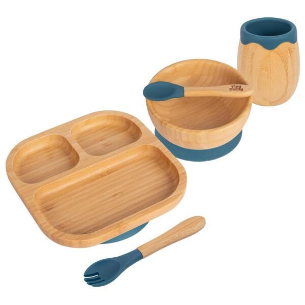 5pc Tiny Dining Navy Blue Bamboo Segmented Baby Weaning Set with Suction Plate
