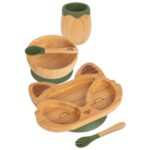 5pc Tiny Dining Olive Green Bamboo Fox Baby Weaning Set Feeding Suction Plate