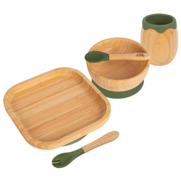 5pc Tiny Dining Olive Green Bamboo Square Baby Weaning Set Feeding Suction Plate