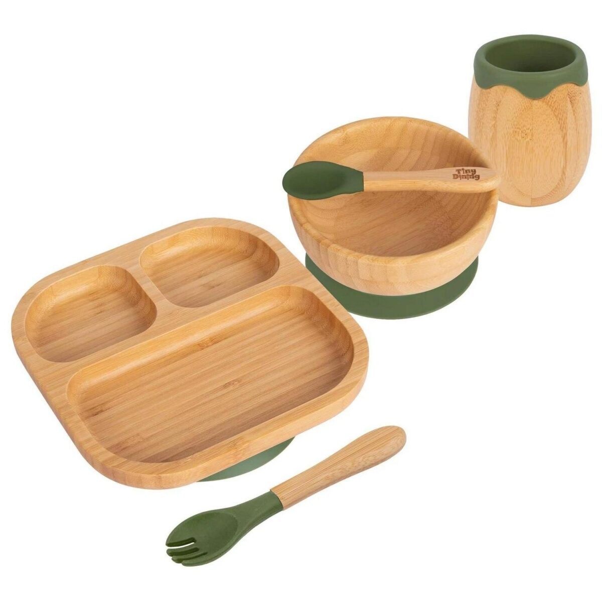 5pc Tiny Dining Olive Green Bamboo Segmented Baby Weaning Set with Suction Plate - Image 1