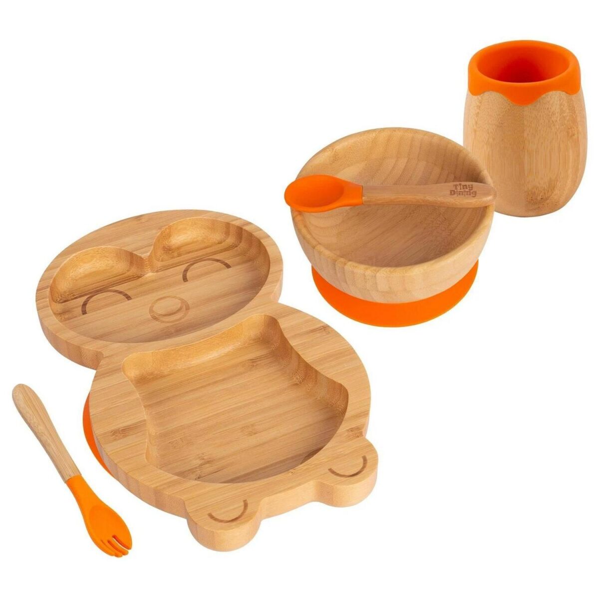 5pc Tiny Dining Orange Bamboo Penguin Baby Weaning Set Feeding Suction Plate - Image 1