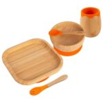 5pc Tiny Dining Orange Bamboo Square Baby Weaning Set Feeding Suction Plate