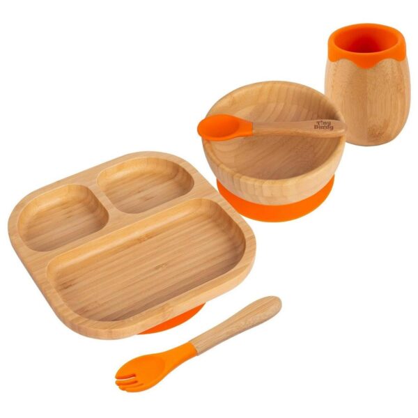 5pc Tiny Dining Orange Bamboo Segmented Baby Weaning Set Feeding Suction Plate