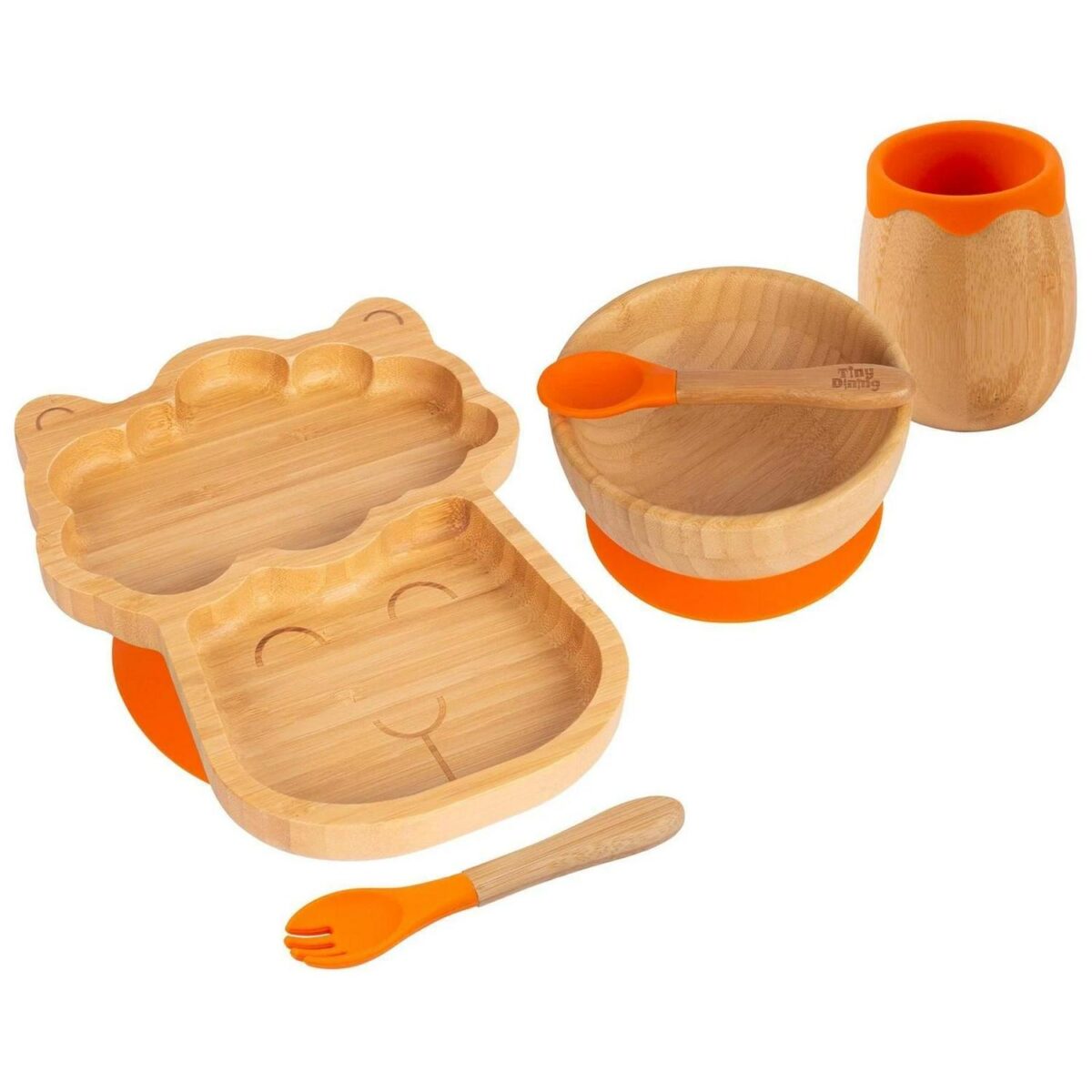 5pc Tiny Dining Orange Bamboo Llama Baby Weaning Set Feeding Suction Plate - Image 1