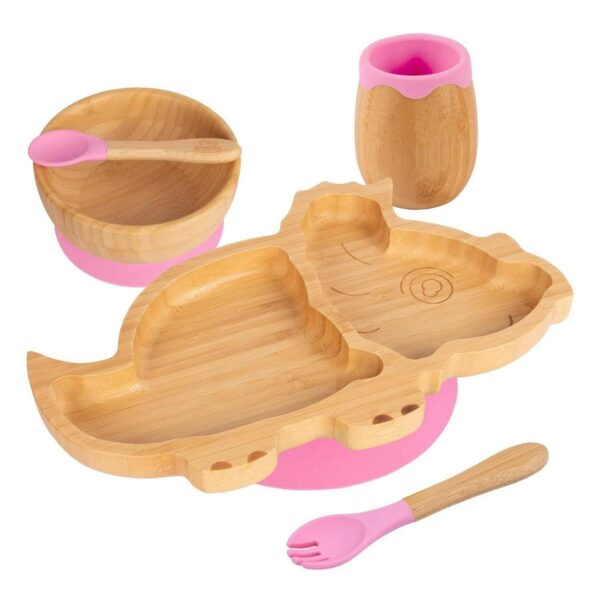 5pc Tiny Dining Pink Bamboo Dinosaur Baby Weaning Set Feeding Suction Plate