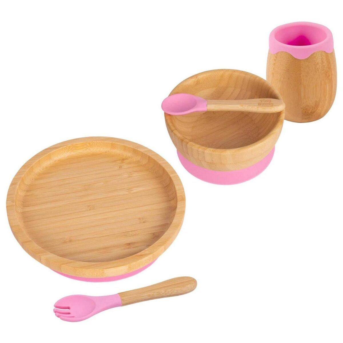 5pc Tiny Dining Pink Bamboo Round Baby Weaning Set Feeding Suction Plate - Image 1