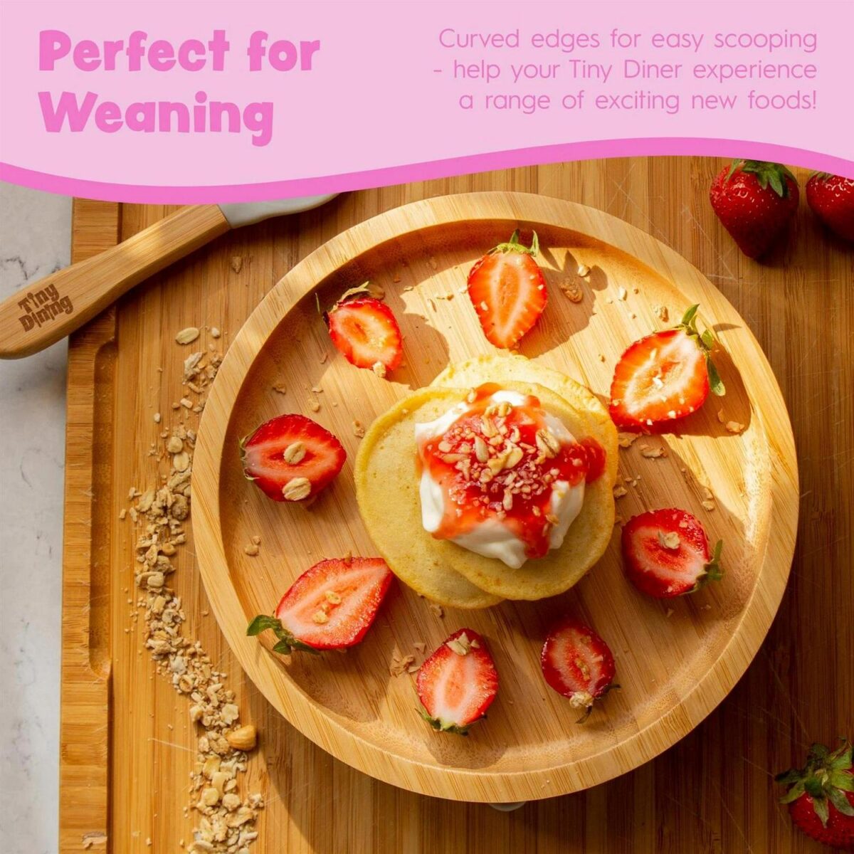 5pc Tiny Dining Pink Bamboo Round Baby Weaning Set Feeding Suction Plate - Image 2